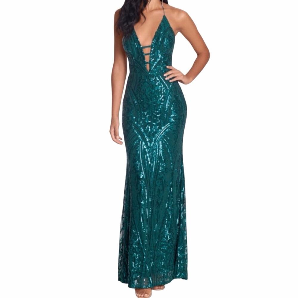 Blondie Nites Emerald Green Sequin Halter Maxi Dress Floor Length Size 1